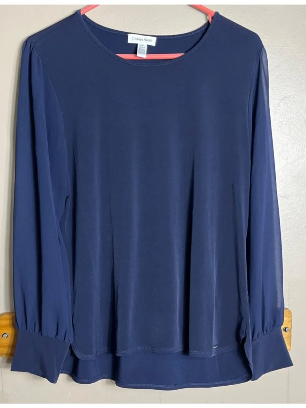 Calvin Klein Top Navy Knit Sheer Balloon Whimsigoth Elegant Dark Feminine Wom M - Picture 9 of 10